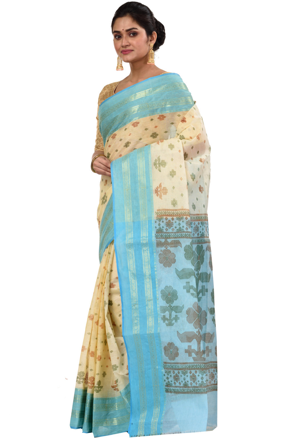 Sky Blue Pure Cotton FullBall Print Tant Saree Print (431)